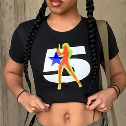 Y2k Summer Digital Printed ’s Top Street Trend Slim Fit Open Navel T-shirt for