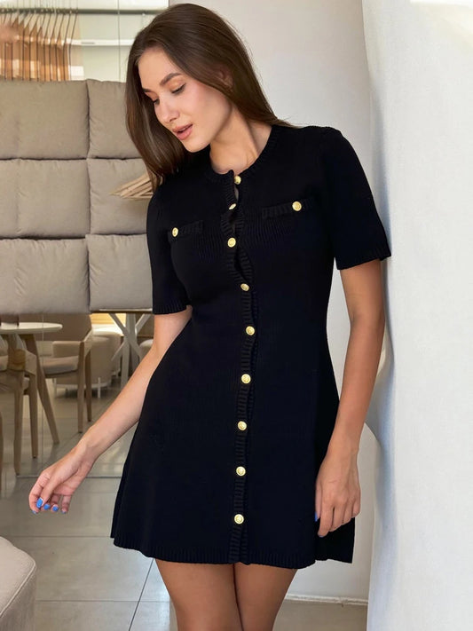 White Knitted Mini Dress for Metal Button Slim Rib Sweater Dress Holiday Party Outfits Autumn New