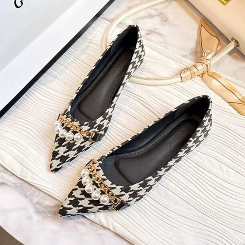 Normal Leather Pearl Pointed Toe Formal Shoes for Woman Flats Flat Summer Footwear Office and E