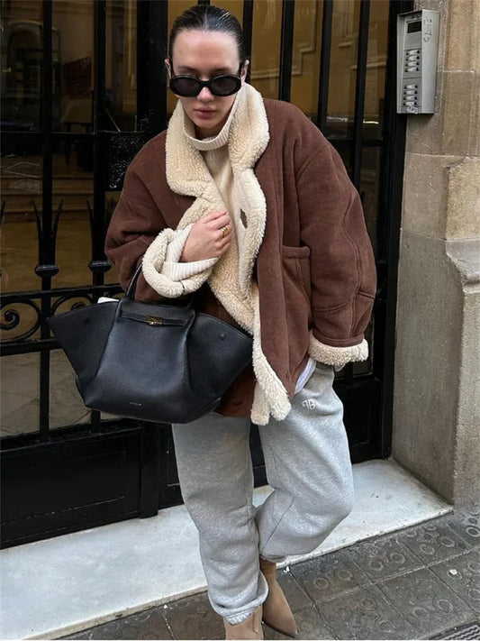 Winter Loose Overcoat for Lapel Pocket Jacket Coat Commute Contrast Outwear