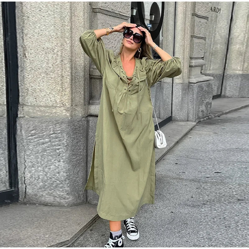 Street Lace Up Long Dresses New Loose V-neck Side Slit Dress Female Summer Versatiel Street Party Robes