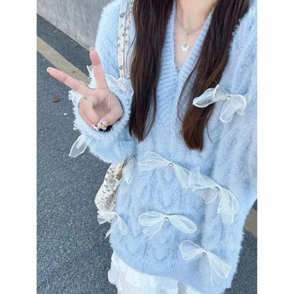 Sweet Sweater Bow Autumn Winter Loose Long Sleeve Pullover Knitwear Female Jumper Tops