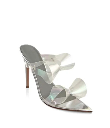 Twist Bow Pvc Sandals Silver Patent Leather Hollow Pointed Toe Slip on Stiletto Heels Lady Summer Party Shoes