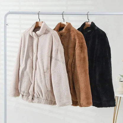 Oversized Plush Coat Winter Thick Warm Padded Faux Rabbit Fur Jacket Teen Chunky Furry Bomber Jackets
