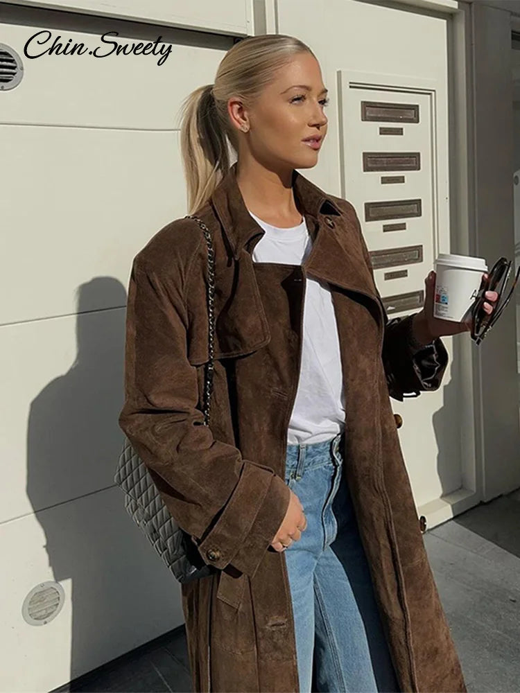 Suede Long Trench Coat Belt Double Breasted Full Sleeve Brown Windbreaker Autumn Lady Street Outwears New
