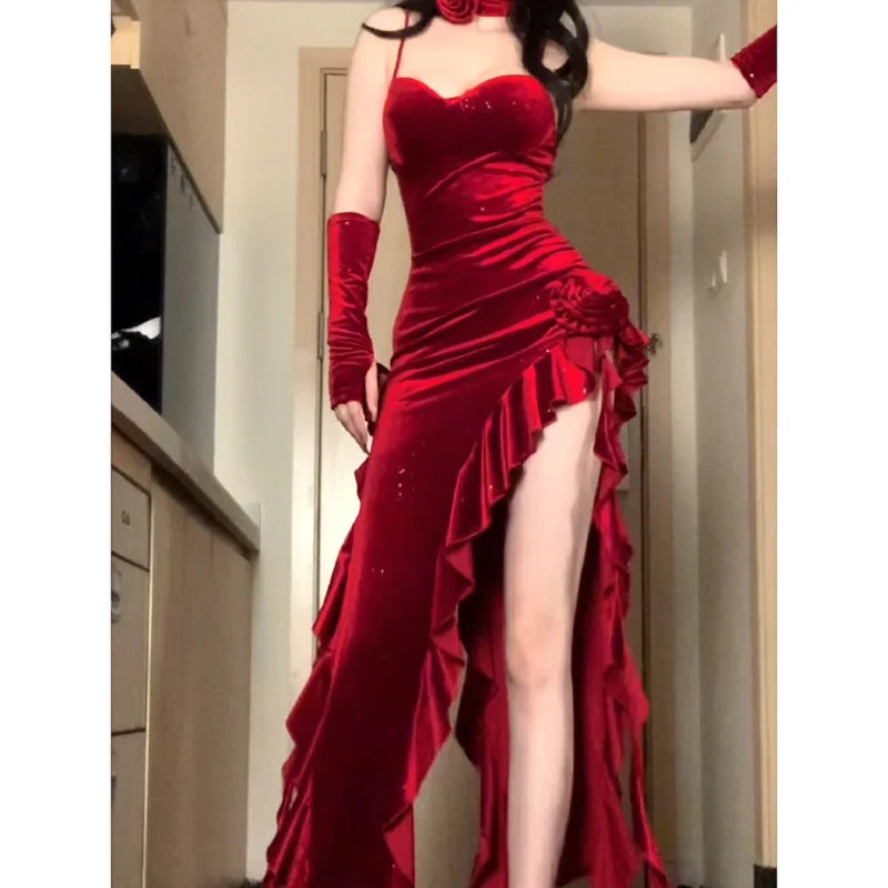 Christmas Limited Dress Red Rose Onepiece Female Sleeveless Y2k Long Dress Female Offshoulder Retro Irregular Dress