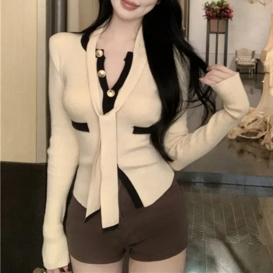 Korean Singlebreasted Tie Longsleeved Cardigan Spring New High Street Contrast Color Patchwork Knitted Tops