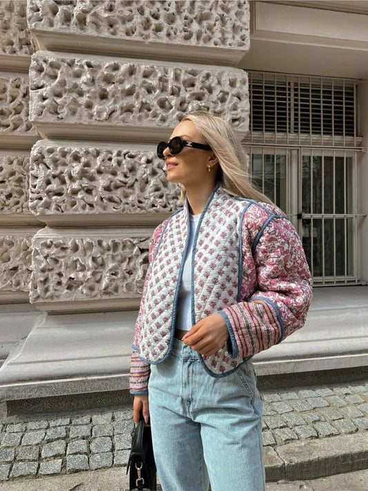 Printed Flower Quilted Reversible Cotton Coat Long Sleeve Open Front Two in One Jackets Autumn Street Outerwear