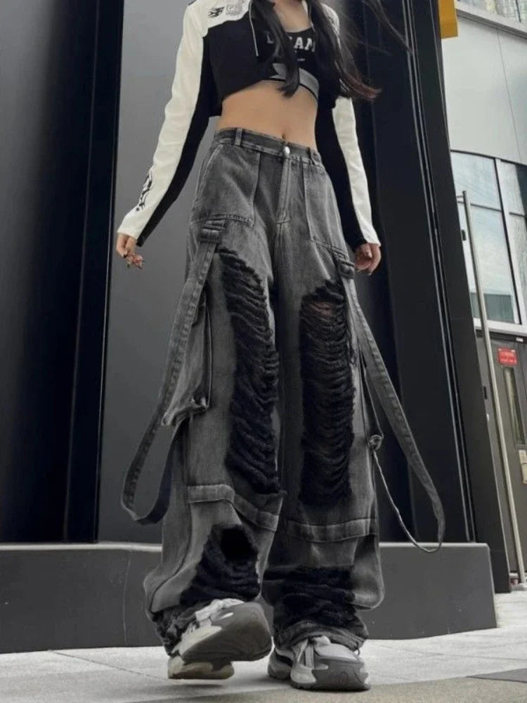 Black Ripped Jeans for Hip Hop Y2k Baggy Hole Do Old Wide Leg Cargo Denim Pants Bottoms