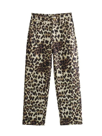 Female Leopard Print High Waist Pants Button Pockets Straight Leg Pant Female Slim Trousers