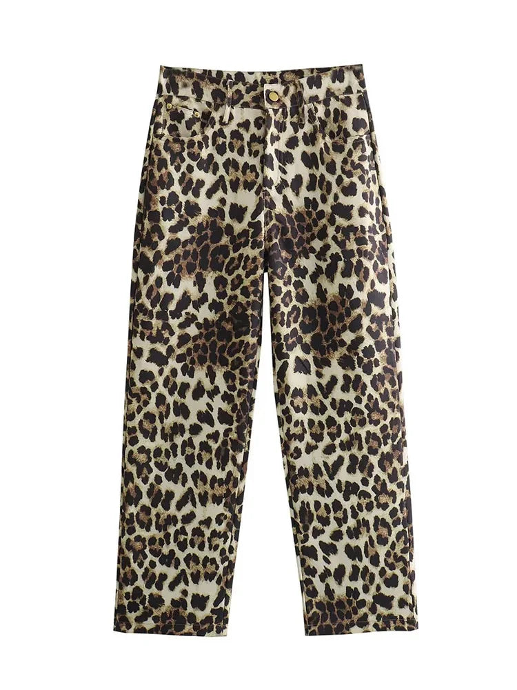 Female Leopard Print High Waist Pants Button Pockets Straight Leg Pant Female Slim Trousers