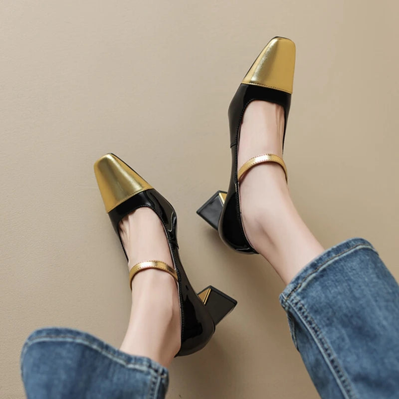 Spring/autumn Pumps Split Leather Shoes for Square Toe Chunky Heel High Heels Elegent Mixed Colors Mary Janes Shoes
