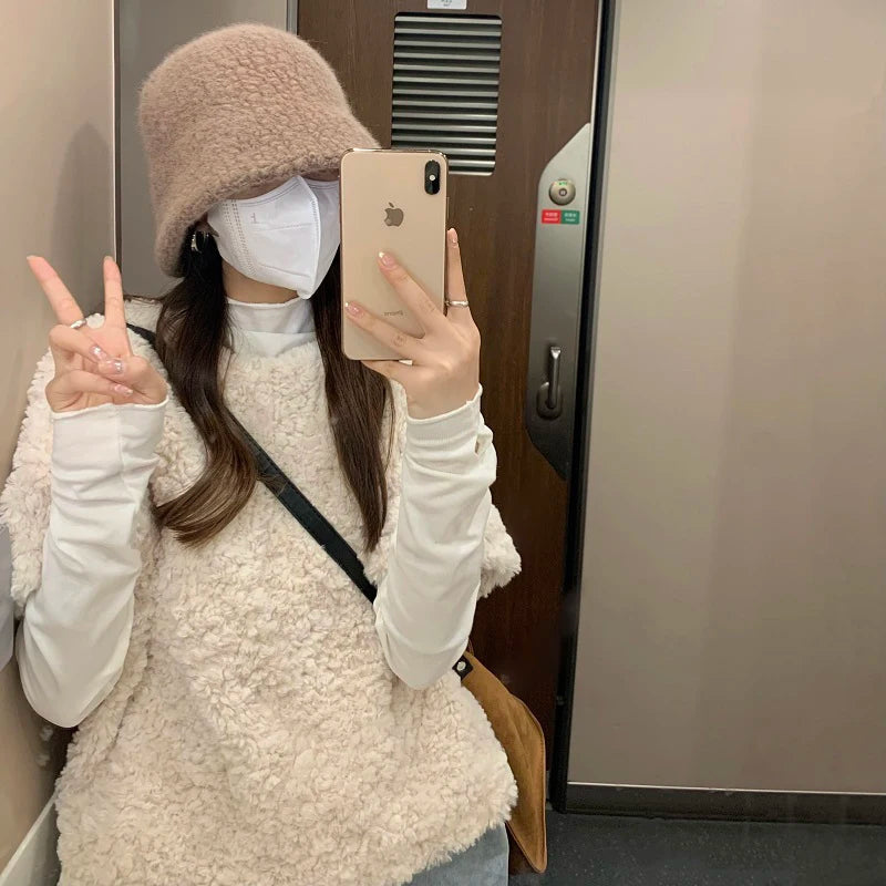 Lamb Wool Vest Coats Korean Short Sleeve Fluffy Jackets Fall Winter O Neck Pullover Furry Outerwear New