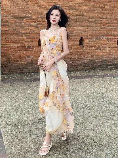 Retro Beige Yellow Print Sleeveless Pleated Slip Long Dress Summer New Holiday Evening Party Dress