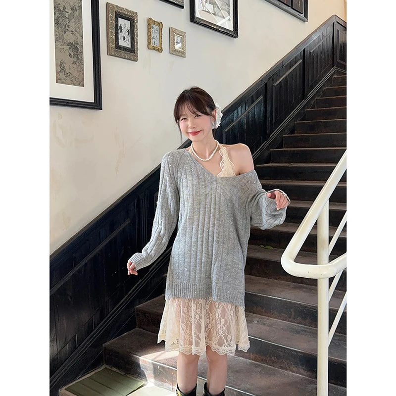 Sweet Hot Girl Pure Suit Autumn Vneck Mohair Sweater Halter Neck Lace Dress Twopiece Set Female Clothes