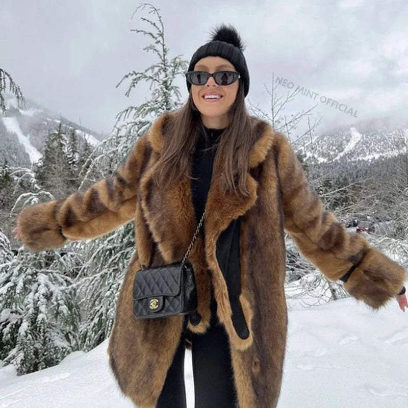 Brand Long Furry Faux Fur Coat Winter Brown Gradient Thick Warm Outerwear Fluffy Fur Jacket