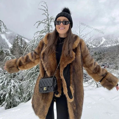 Brand Long Furry Faux Fur Coat Winter Brown Gradient Thick Warm Outerwear Fluffy Fur Jacket