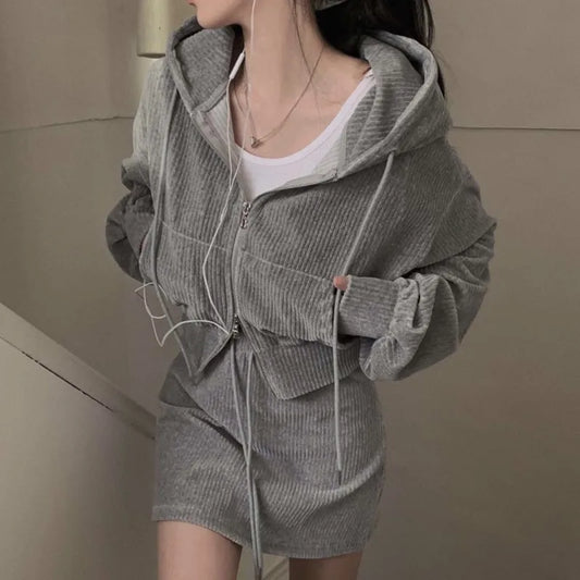 Korean Corduroy Two-piece Skirt Sets Hoodie Crop Top Coats Bodycon Mini Skirt Autumn Winter New Outfits Suit