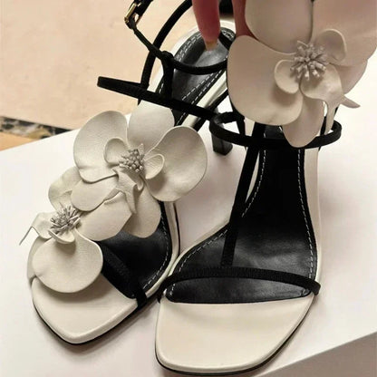 Flower Designer Heels Sandals Open Toe Narrow Band Slingback Shoes Ankle Strap Party Wedding Shoe Zapatos De Mujer
