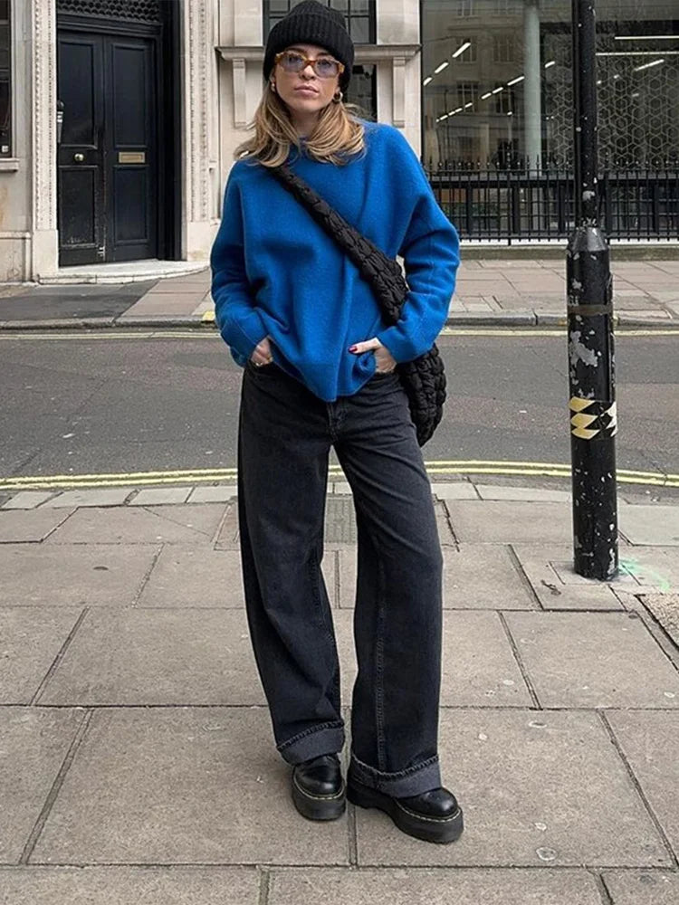 Knitted O-neck Sweaters Retro Reluctant Workaholic Pullover Sweater Female Autumn Simple Street Knitwear