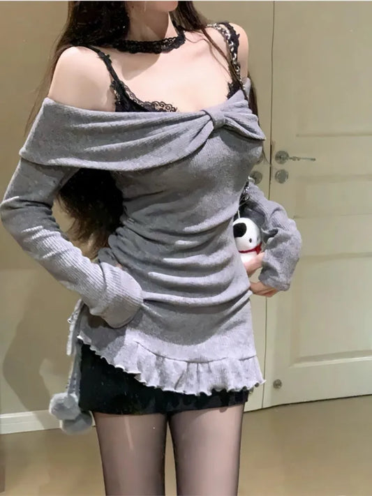 Y2k Lace Two-piece Set Mini Dresses for Spaghetti Strap Knitted Underdress Korean Party Dress Female Vestidos