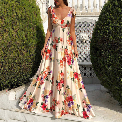 Flower Print Bowknot Leace-up Sleeveless Long Dresses V-neck Backless Evening Party Maxi Dress Spring Summer New