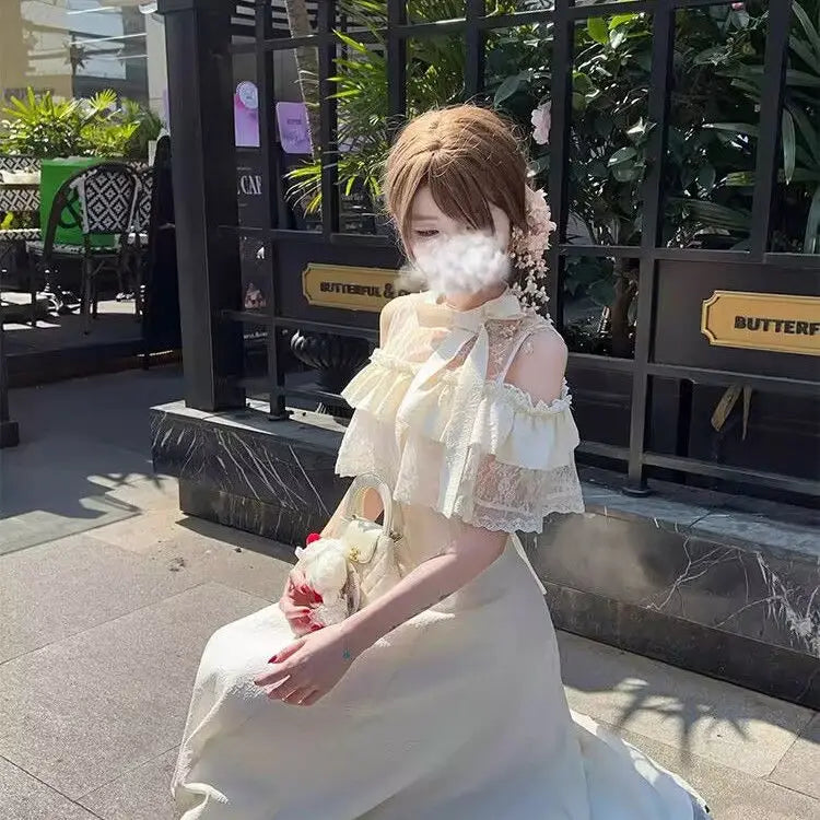 Lace Sweet Cloak Design White Dress Summer New Off Shoulder Bow Short Sleeve Waist Slimming Aline Long Dress for