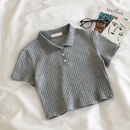 Knit School Polo Neck Cropped Shirt Summer Short Sleeve Youthful Color Crop Top Female Basic Blouse Lady Pullover