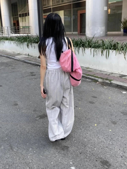 Korean Trousers Drawstring Wide Leg Pants 2000s Y2k Sport Striped Summer Oversize Loose