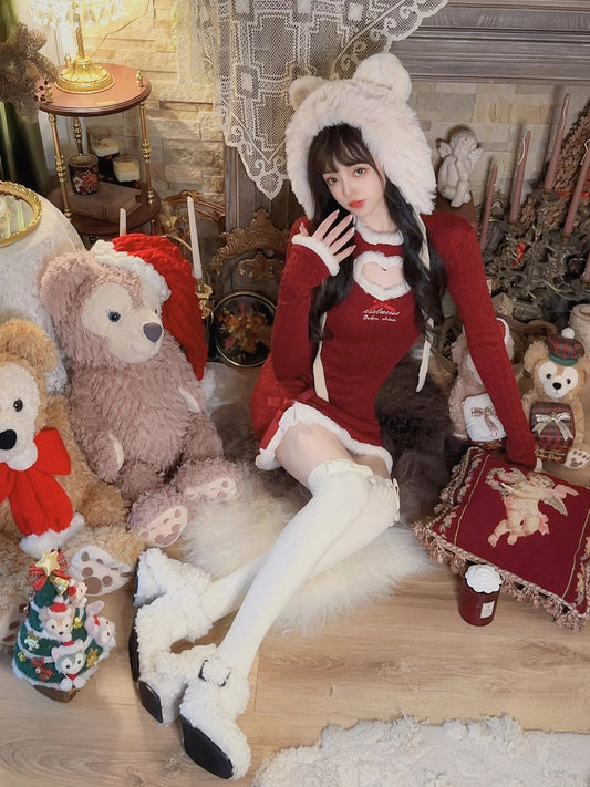 Winter Christmas Knitted Dress Patchwork Kawaii Y2k Sweater Mini Dress Female Dress