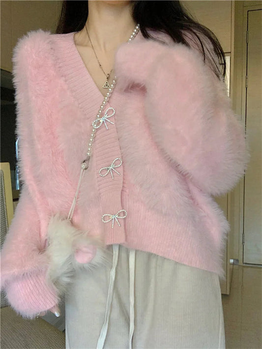 Bow Outwear Coats Soft Winter Faux Mink Hair Office Lady Warm Slim Sweaters