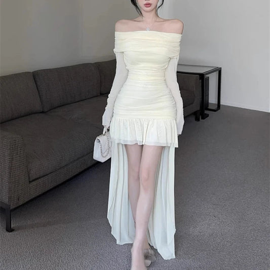 Mesh Mini Dresses Slash Neck Spring Summer Dress Korean Ruffles Vestidos Mujer