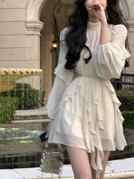 Summer Beach Style Chiffon Y2k Mini Dress Office Lady Long Sleeve One Piece Dress Korean Clothing