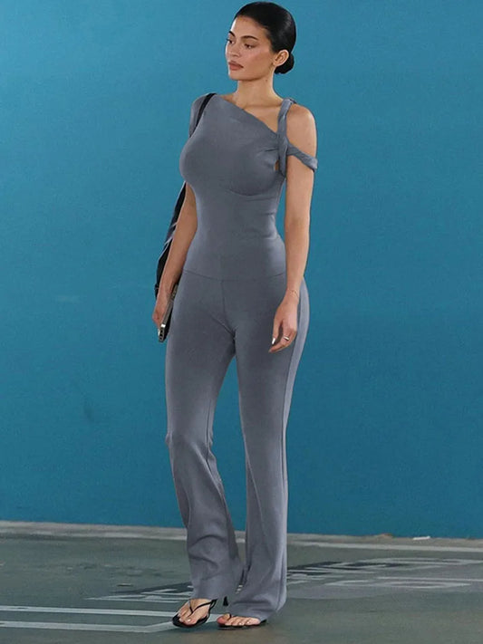 One Shoulder Backless Pants Suit Summer Color Slim Pants Suit ’s Pants Suit 2-piece Set