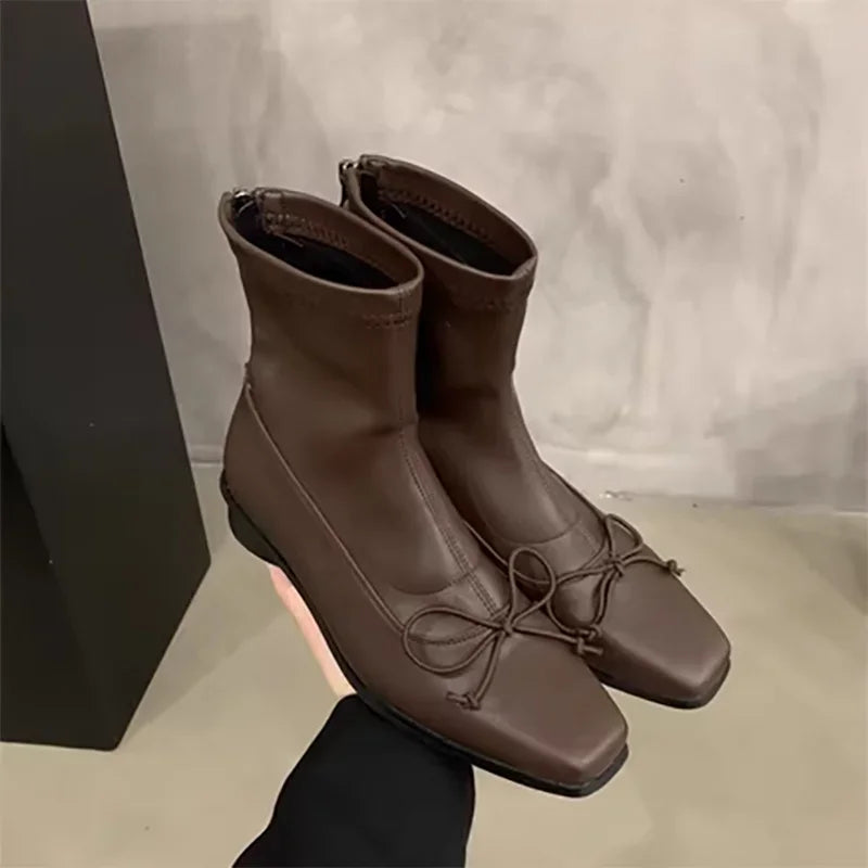 Brown Bow Back Zipper Ankle Boots Point Flat Head Square Heel Autumn Winter Shoes Sewing Thread Boot for Woman