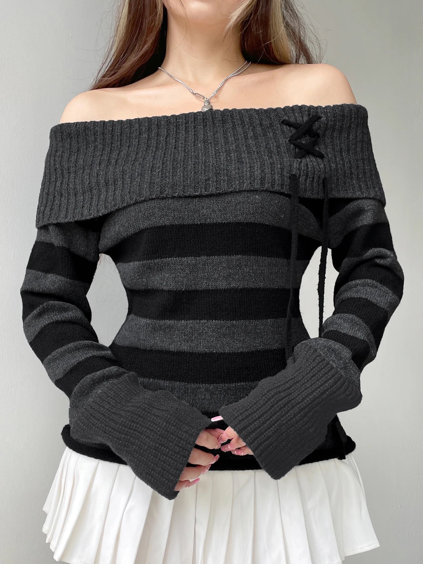 Off Shoulder Slim Knitted Stripe Jumper Lace-up Slash Neck Long Sleeve Sweater Tee Korean Street Knittwear