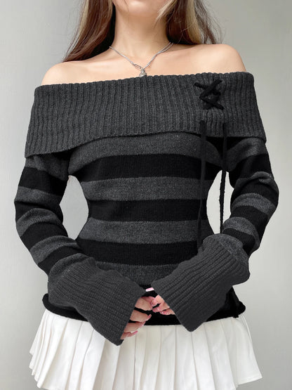 Off Shoulder Slim Knitted Stripe Jumper Lace-up Slash Neck Long Sleeve Sweater Tee Korean Street Knittwear