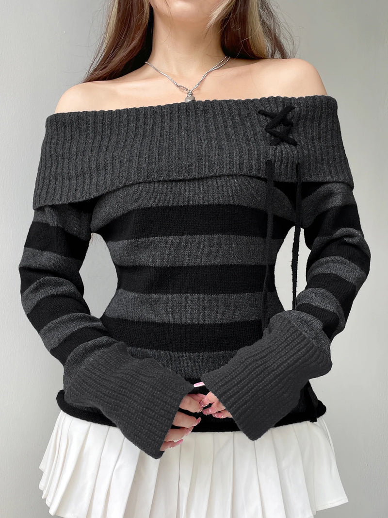 Off Shoulder Slim Knitted Stripe Jumper Lace-up Slash Neck Long Sleeve Sweater Tee Korean Street Knittwear
