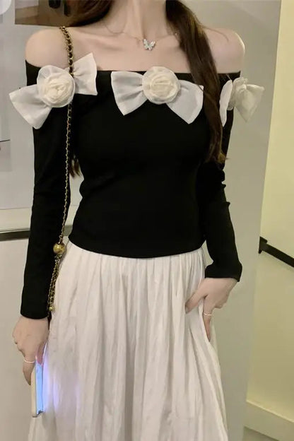 Sweet Hot Girl Off Neck Longsleeved Sweater Autumn Threedimensional Flower Knitted Sweater Female Clothes