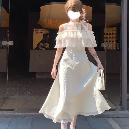 Lace Sweet Cloak Design White Dress Summer New Off Shoulder Bow Short Sleeve Waist Slimming Aline Long Dress for
