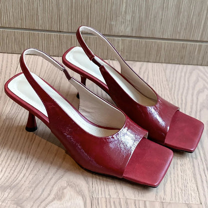 Genuine Leather Thin High Heel Square Toe Slipon Sandals Evening Dress Pumps Heels Daily Shoes for
