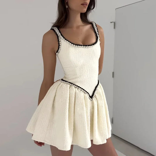 Slim Suspender Dress ’s Contrast Color Splice Sleeveless A-line Mini Dresses Female Party Club Clothes