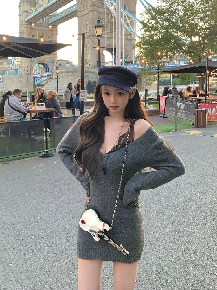 Autumn Winter Vneck Knitted Dress Set Longsleeved Lace Vest Party French Sweater Lady Dress