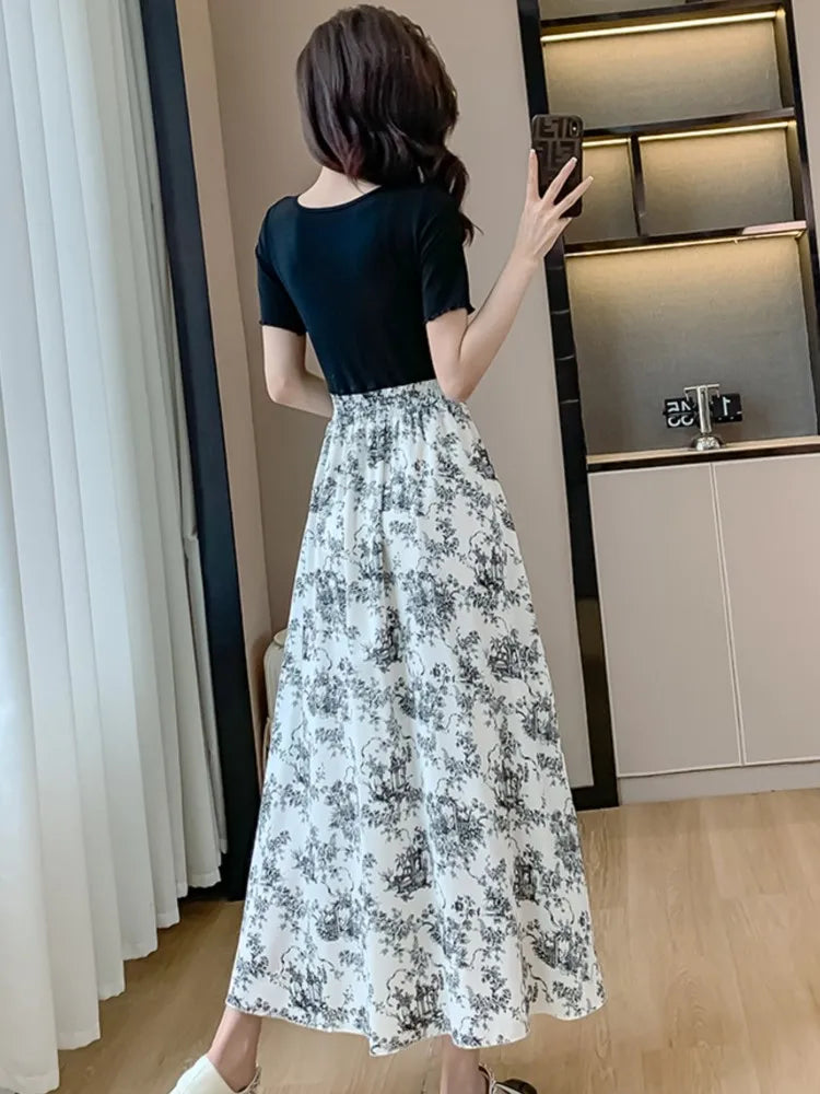 Dresses for Patchwork Aline Long Dress Print Chinese Style New Summer One Piece Vestidos