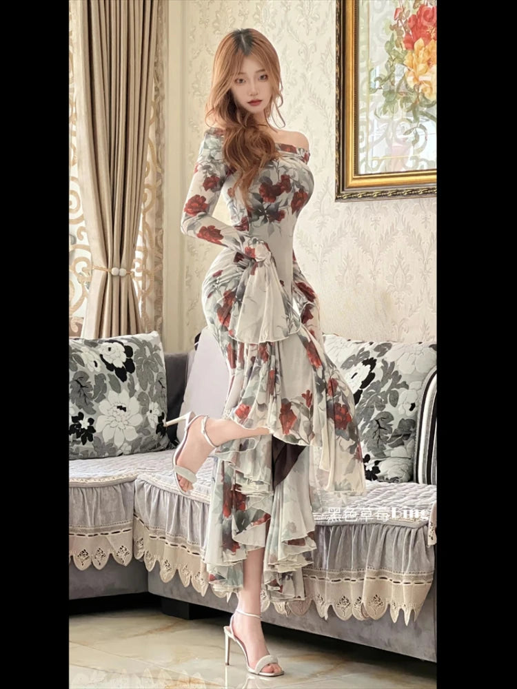 Summer French Print Midi Dress One Shoulder Dress Korean Even Party Female