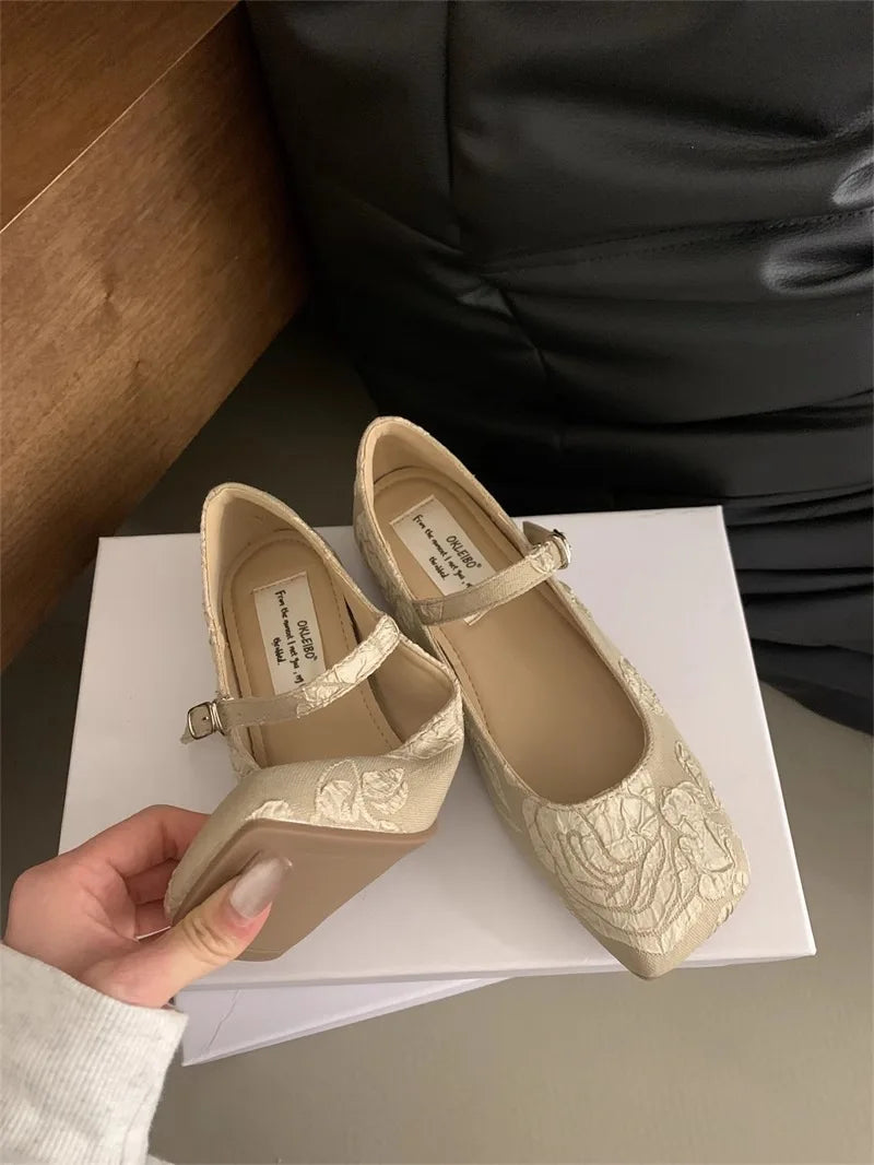 Spring Summer Square Flat Mary Jane Shoes for Pattern Temperament Lightweight Shoes