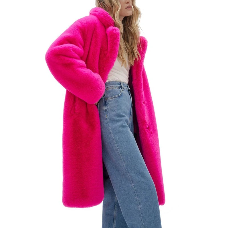 Mixed Color Patchwork Faux Mink Fur Winter Coat Jacket Fluffy Lapel Collar Brand Long Overcoats