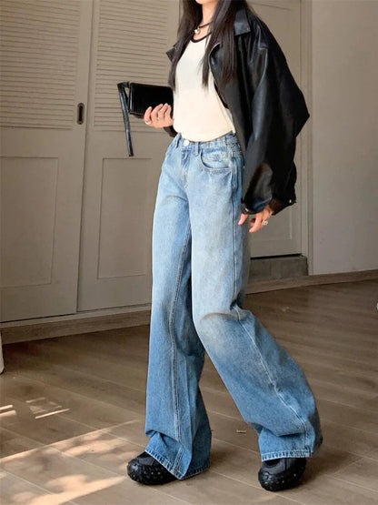 Woman Jeans Preppy Style Denim Korean Pants Trousers Pockets Sweatpants Zipper Cargo Pants Wide Leg Bell Bottoms