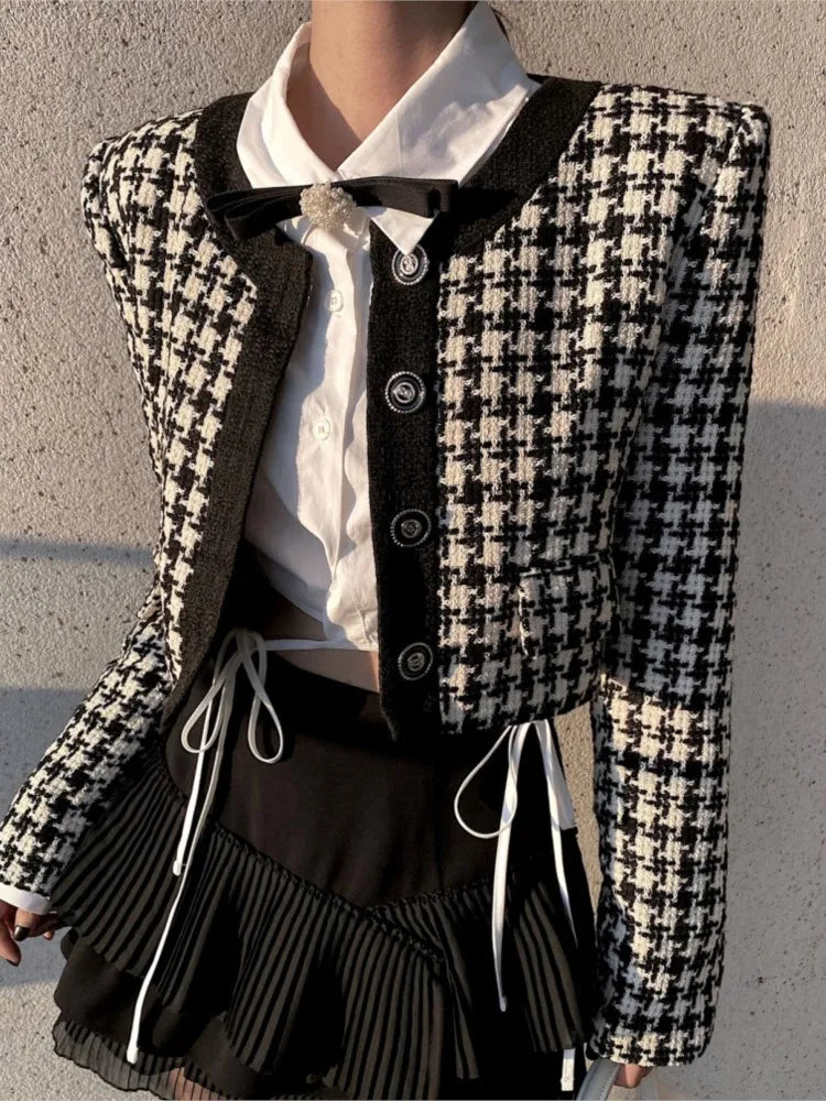 Cropped Jacket French Single Breasted Long Sleeve O-neck Top Autumn Y2k All-match Houndstooth Coats New