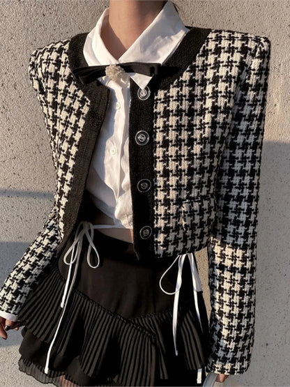 Cropped Jacket French Single Breasted Long Sleeve O-neck Top Autumn Y2k All-match Houndstooth Coats New